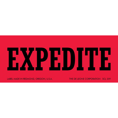 Red label with black text reading ’EXPEDITE’