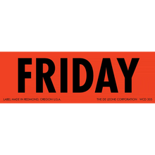 Red label with ’FRIDAY’ printed in black text.