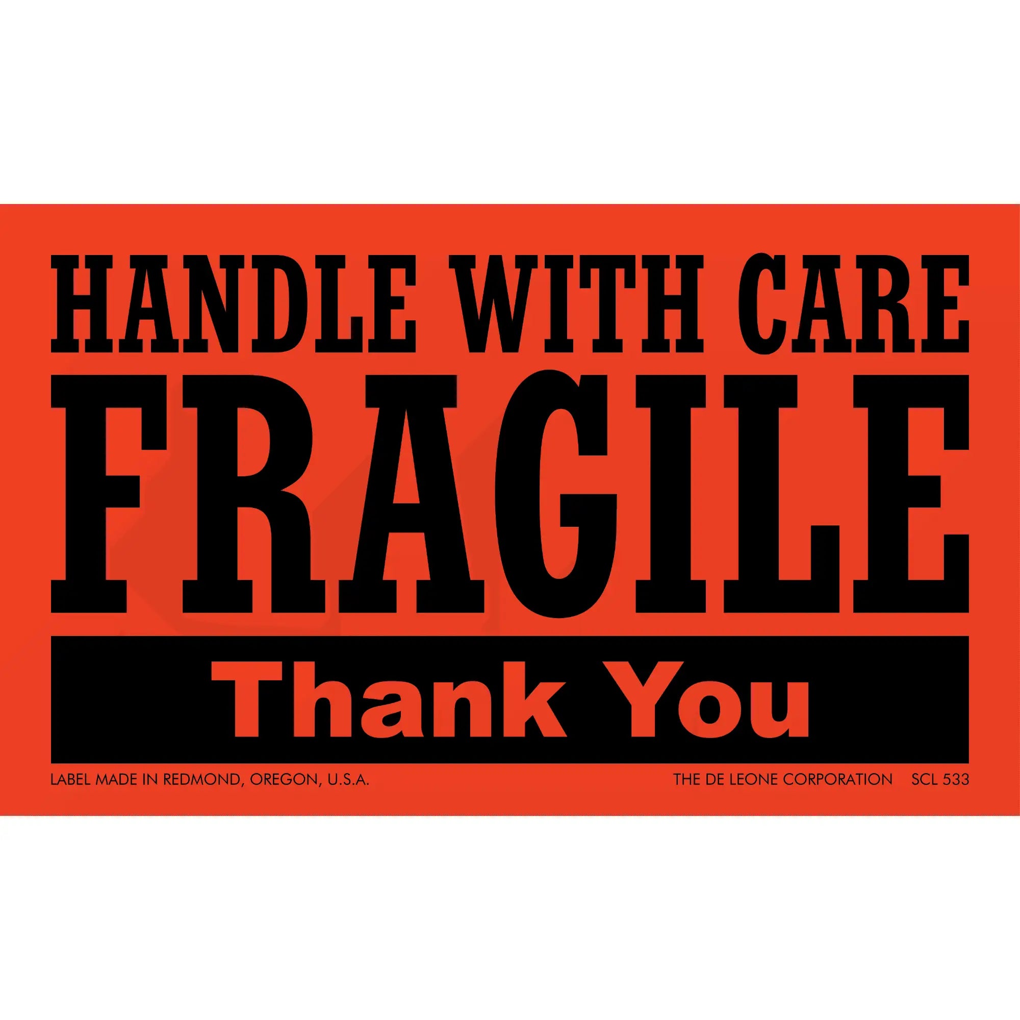 Red and black ’HANDLE WITH CARE - FRAGILE’ shipping label.