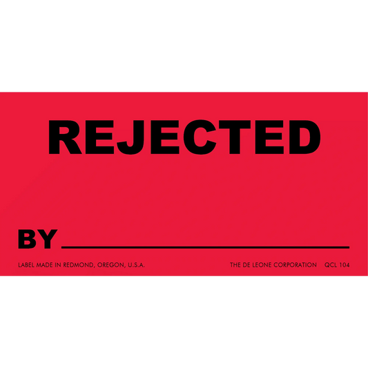 Red rejection label with black text and a blank line for writing.