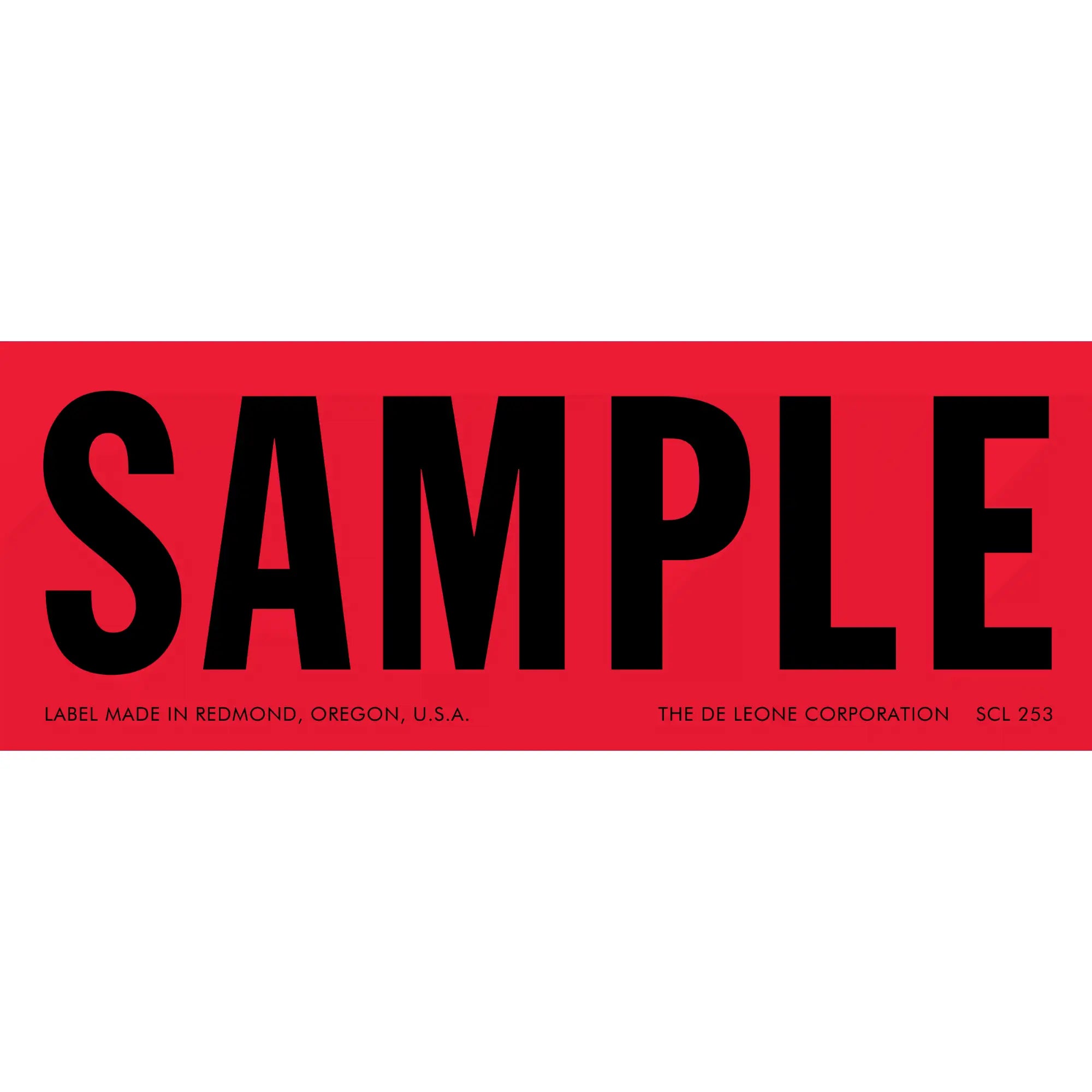 Red label with black text reading ’SAMPLE’