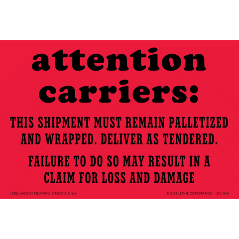 Red shipping label with black text warning carriers about keeping shipments palletized and wrapped.