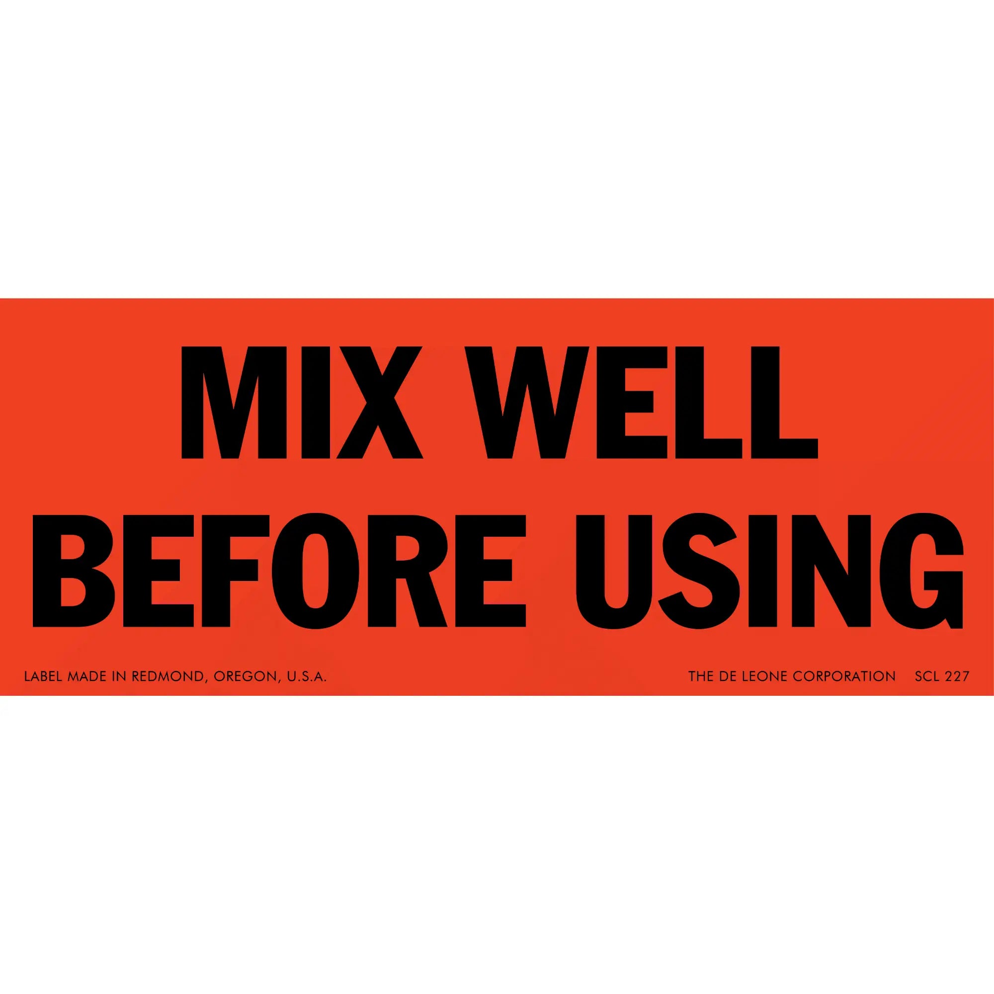 Red warning label with black text that reads ’MIX WELL BEFORE USING’
