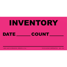 Pink inventory label with spaces for date and count information.