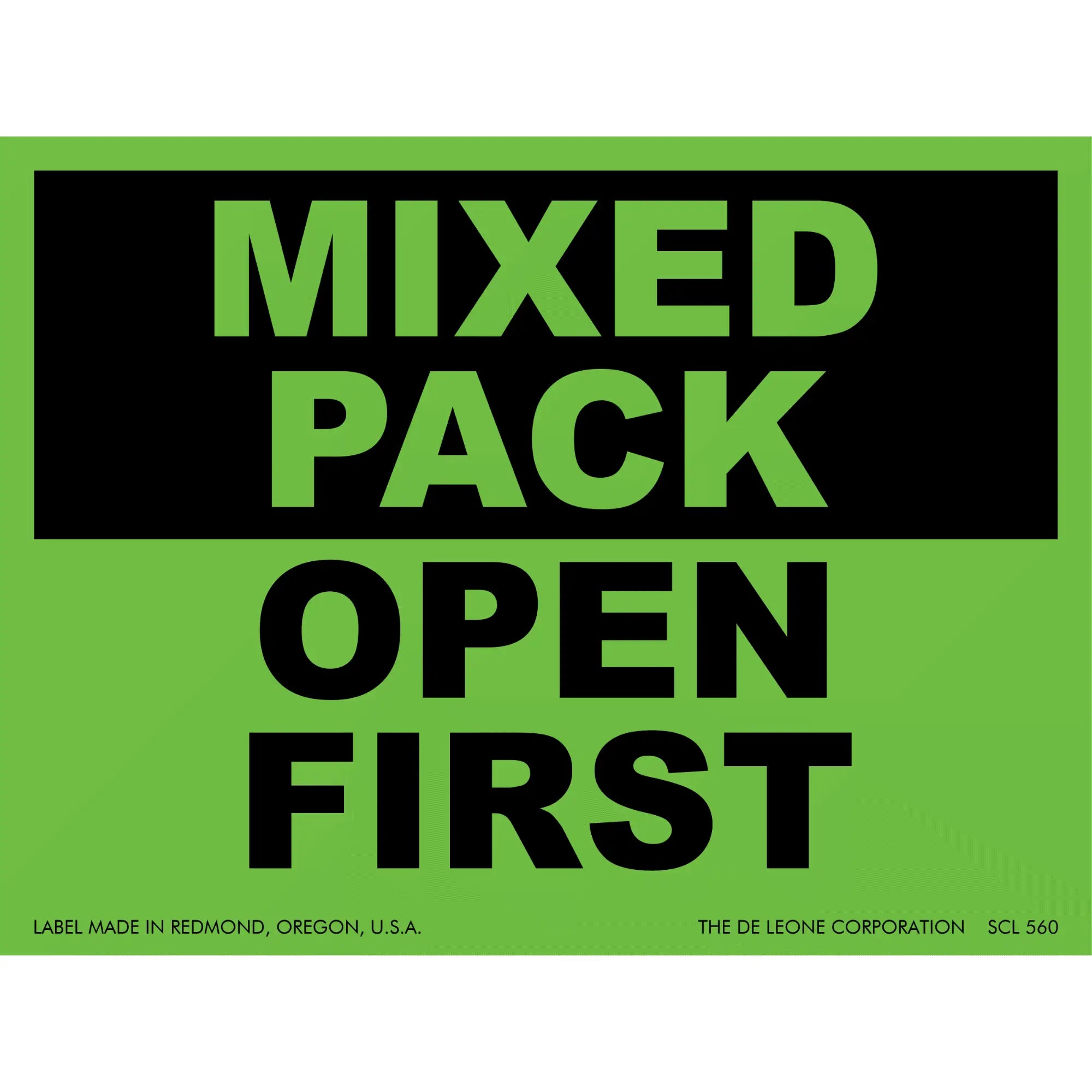 Green and black label with text reading ’MIXED PACK OPEN FIRST’