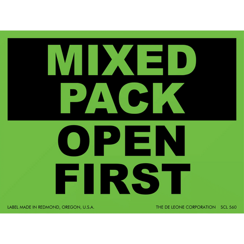 Green and black label with text reading ’MIXED PACK OPEN FIRST’