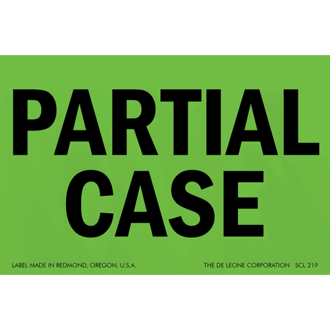 Green label with black text reading ’PARTIAL CASE’