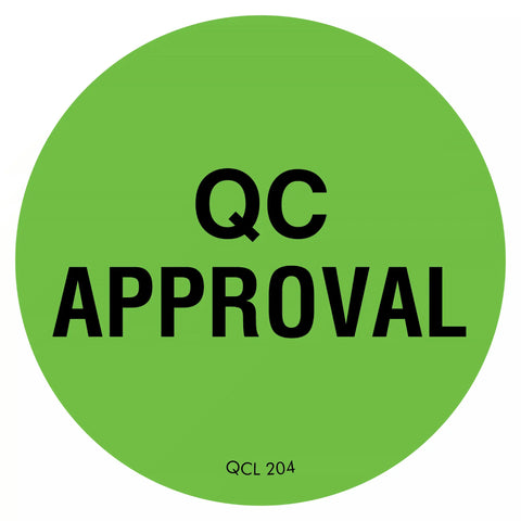 Green circular QC approval label with black text.