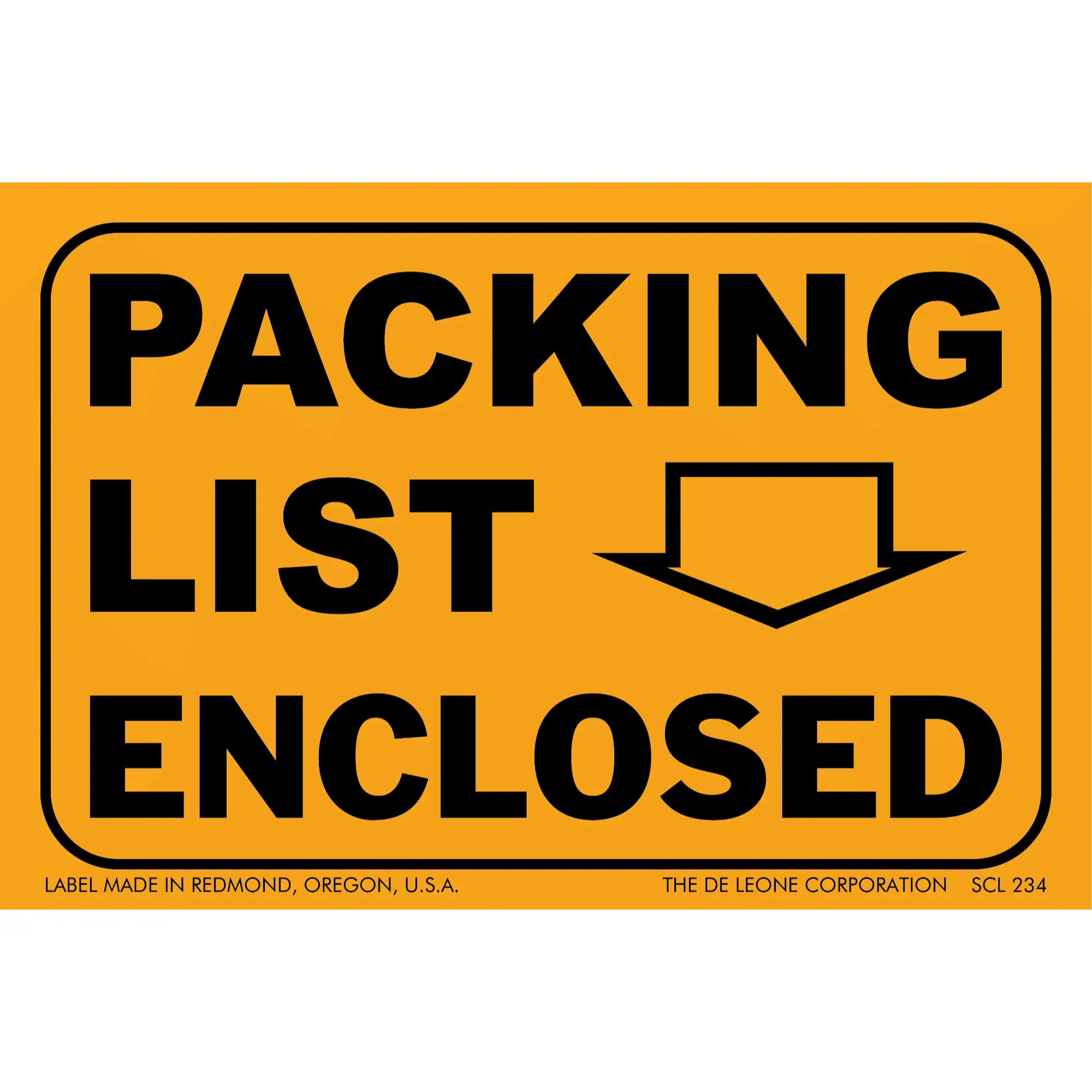 Orange shipping label with black text reading ’PACKING LIST ENCLOSED’ and a downward arrow.