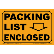 Orange shipping label with black text reading ’PACKING LIST ENCLOSED’ and a downward arrow.