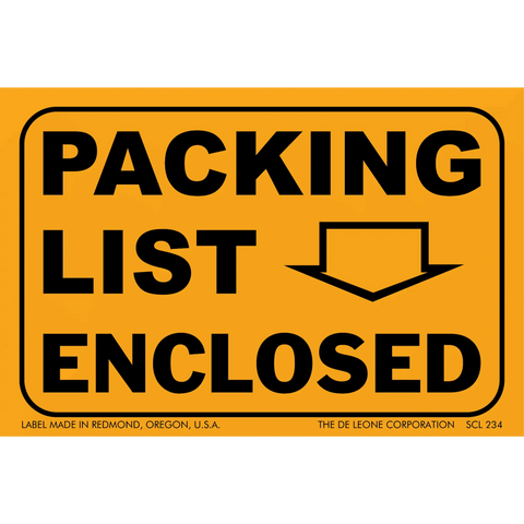 Orange shipping label with black text reading ’PACKING LIST ENCLOSED’ and a downward arrow.