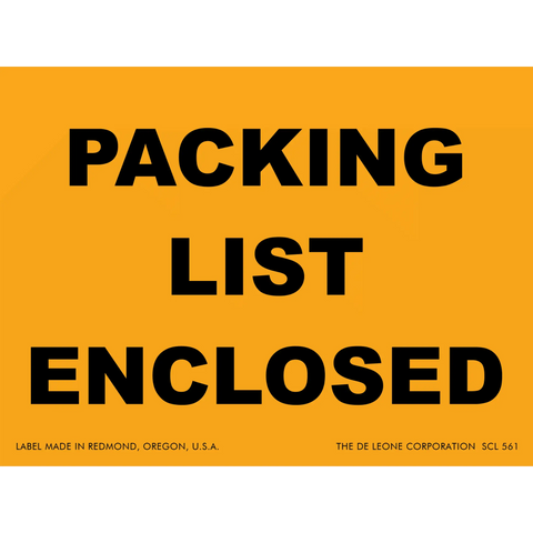 Orange shipping label with black text reading ’PACKING LIST ENCLOSED’