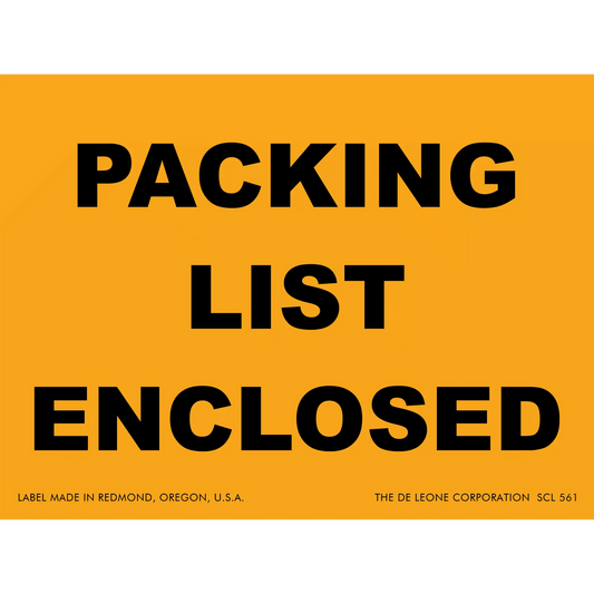 Orange shipping label with black text reading ’PACKING LIST ENCLOSED’