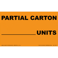 Orange label with black text reading ’PARTIAL CARTON ___ UNITS’