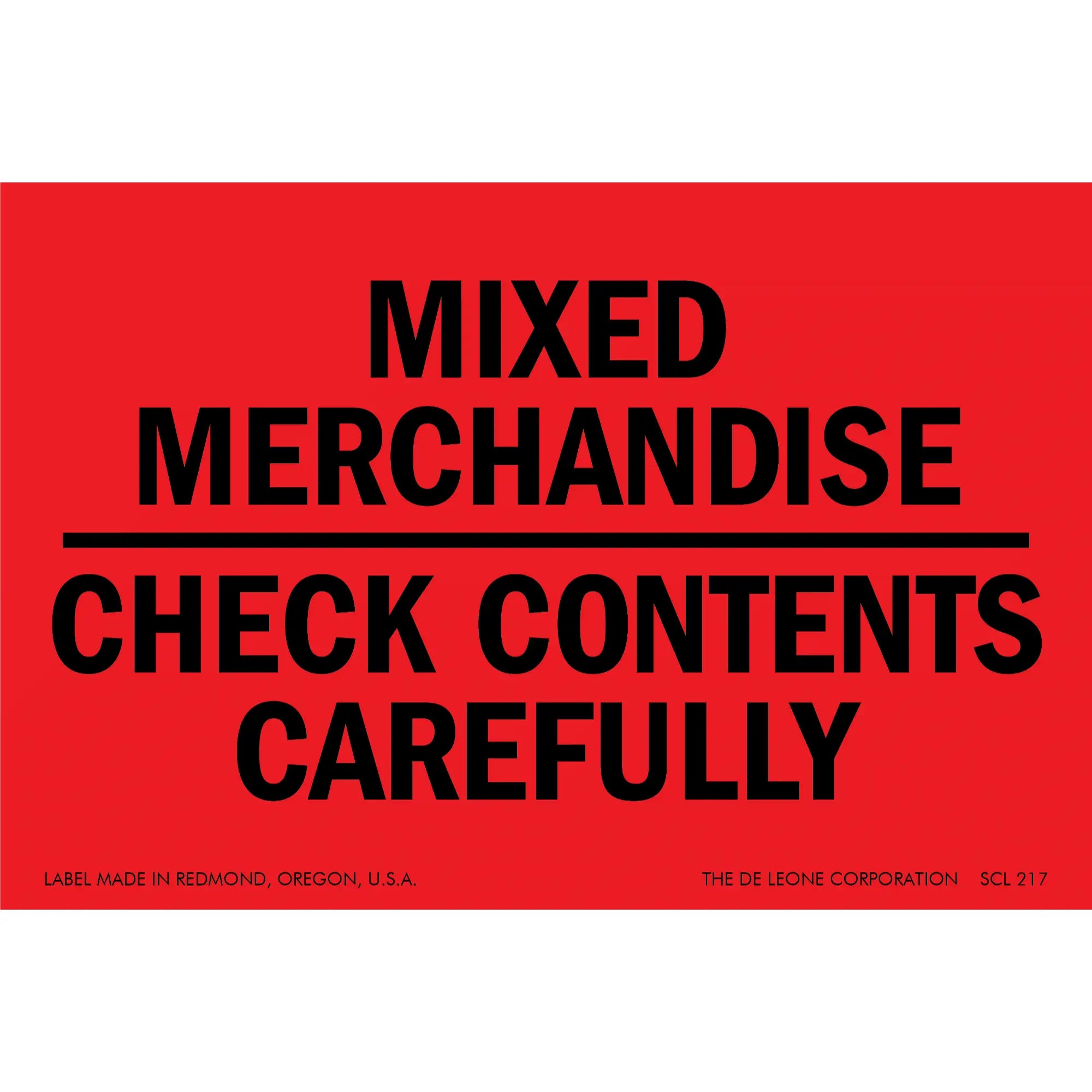 Red shipping label with black text reading ’MIXED MERCHANDISE CHECK CONTENTS CAREFULLY’