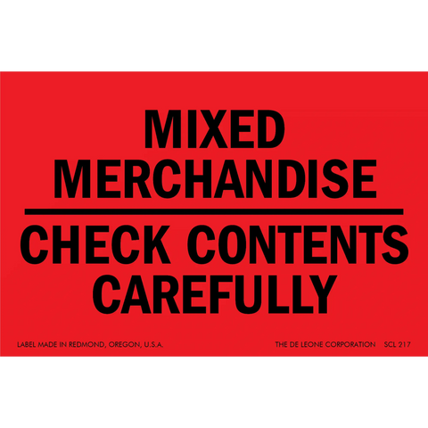 Red shipping label with black text reading ’MIXED MERCHANDISE CHECK CONTENTS CAREFULLY’