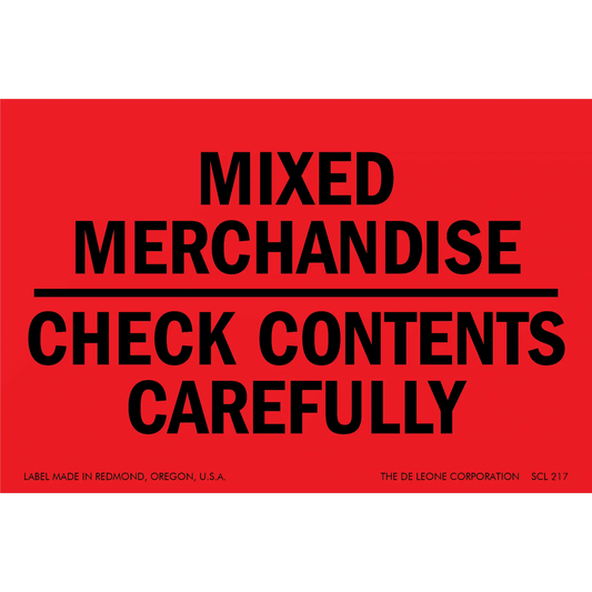 Red shipping label with black text reading ’MIXED MERCHANDISE CHECK CONTENTS CAREFULLY’