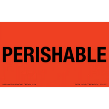 Red shipping label with black text reading ’PERISHABLE’