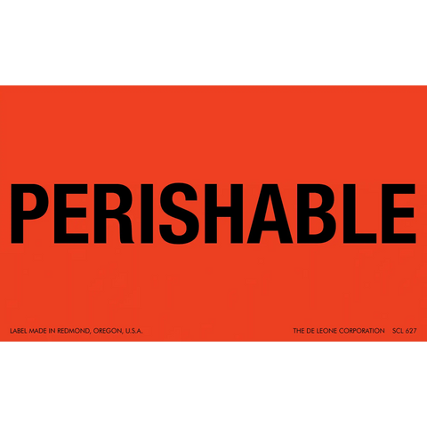 Red shipping label with black text reading ’PERISHABLE’