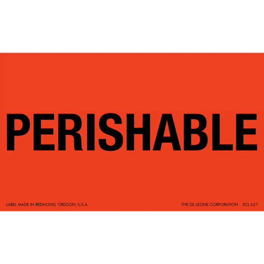 Red shipping label with black text reading ’PERISHABLE’