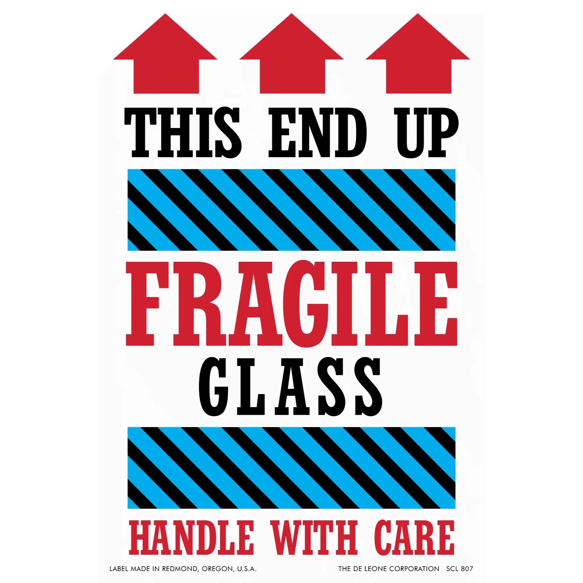 Warning label for fragile glass items with red arrows pointing upward and blue striped bands.
