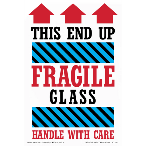 Warning label for fragile glass items with red arrows pointing upward and blue striped bands.