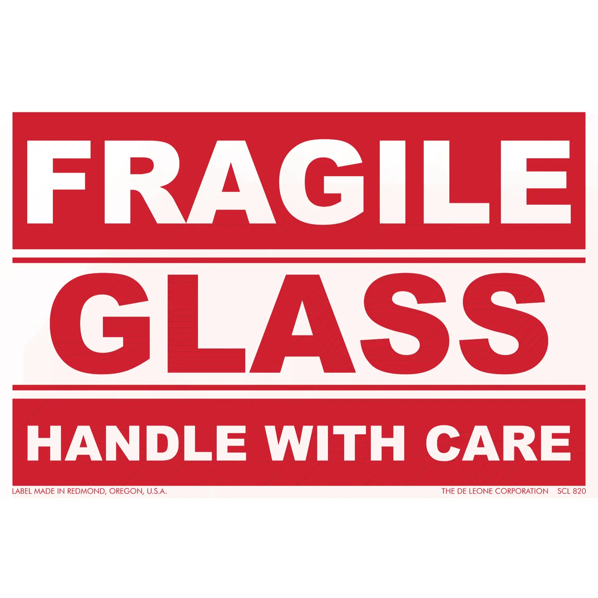 Red and white warning label for fragile glass items.