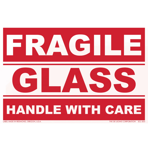 Red and white warning label for fragile glass items.