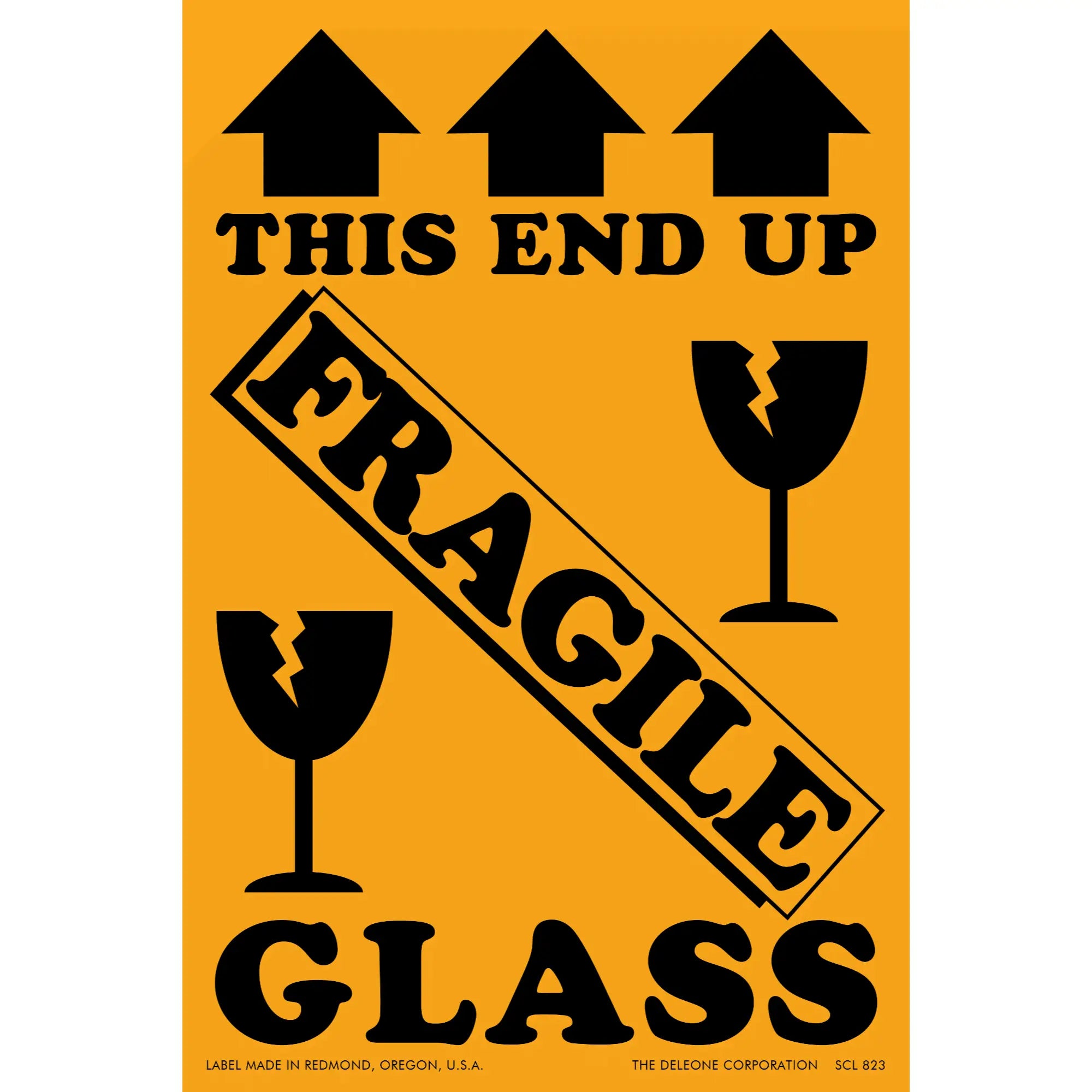 Warning label for fragile glass with black text and broken wine glass symbols on an orange background.