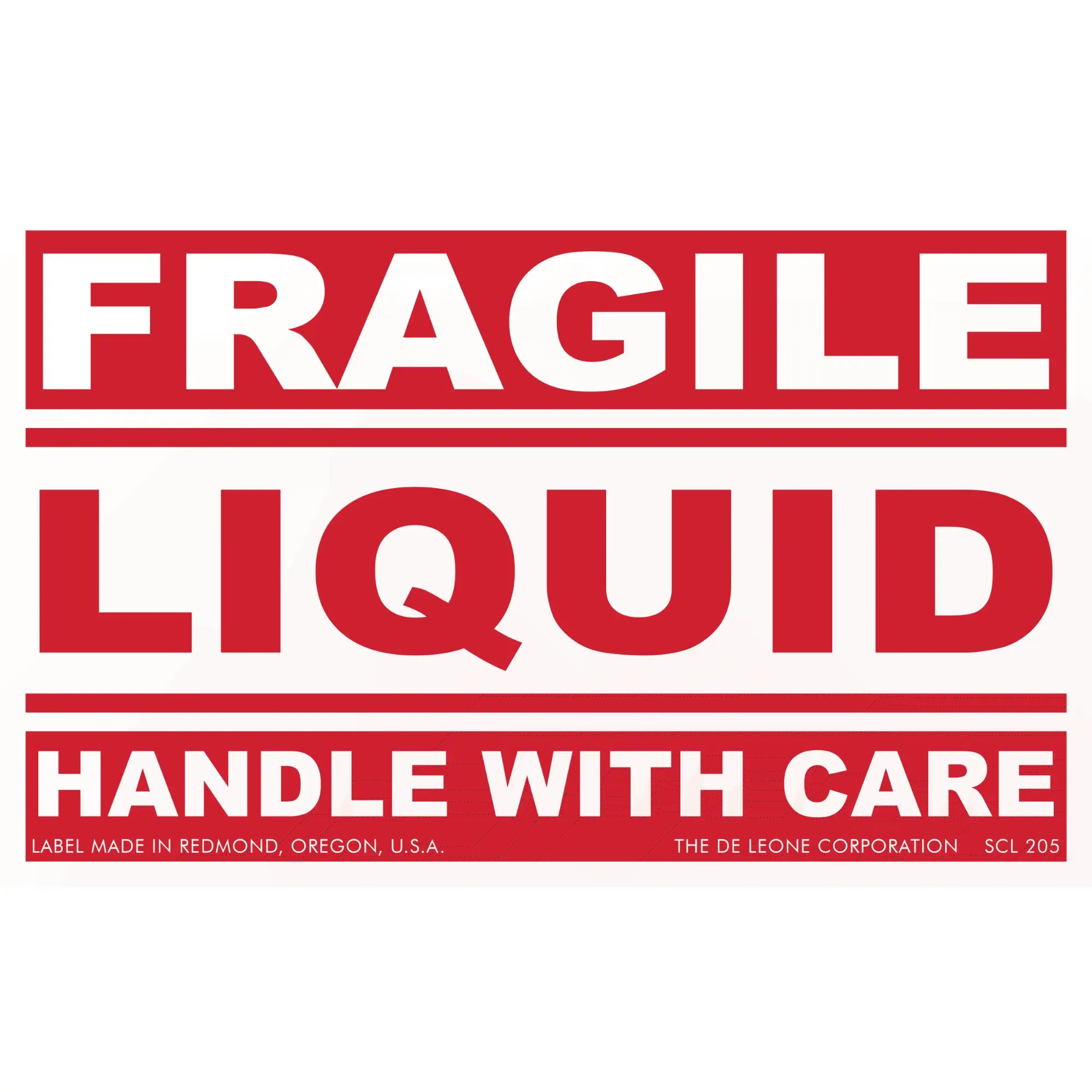 Red and white warning label for fragile liquid cargo that requires careful handling.