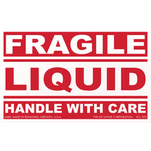 Red and white warning label for fragile liquid cargo that requires careful handling.