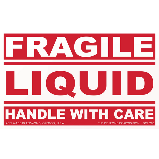 Red and white warning label for fragile liquid cargo that requires careful handling.