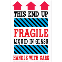 Warning label for fragile liquid in glass that needs careful handling.