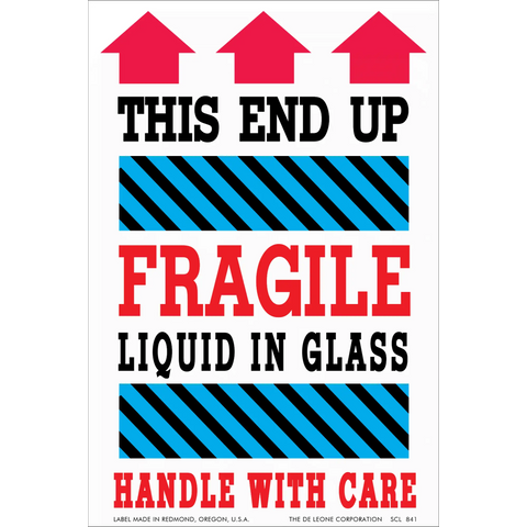 Warning label for fragile liquid in glass that needs careful handling.