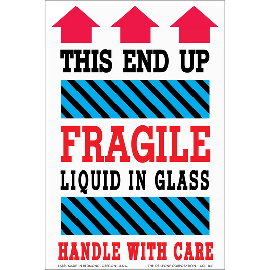 Warning label for fragile liquid in glass that needs careful handling.