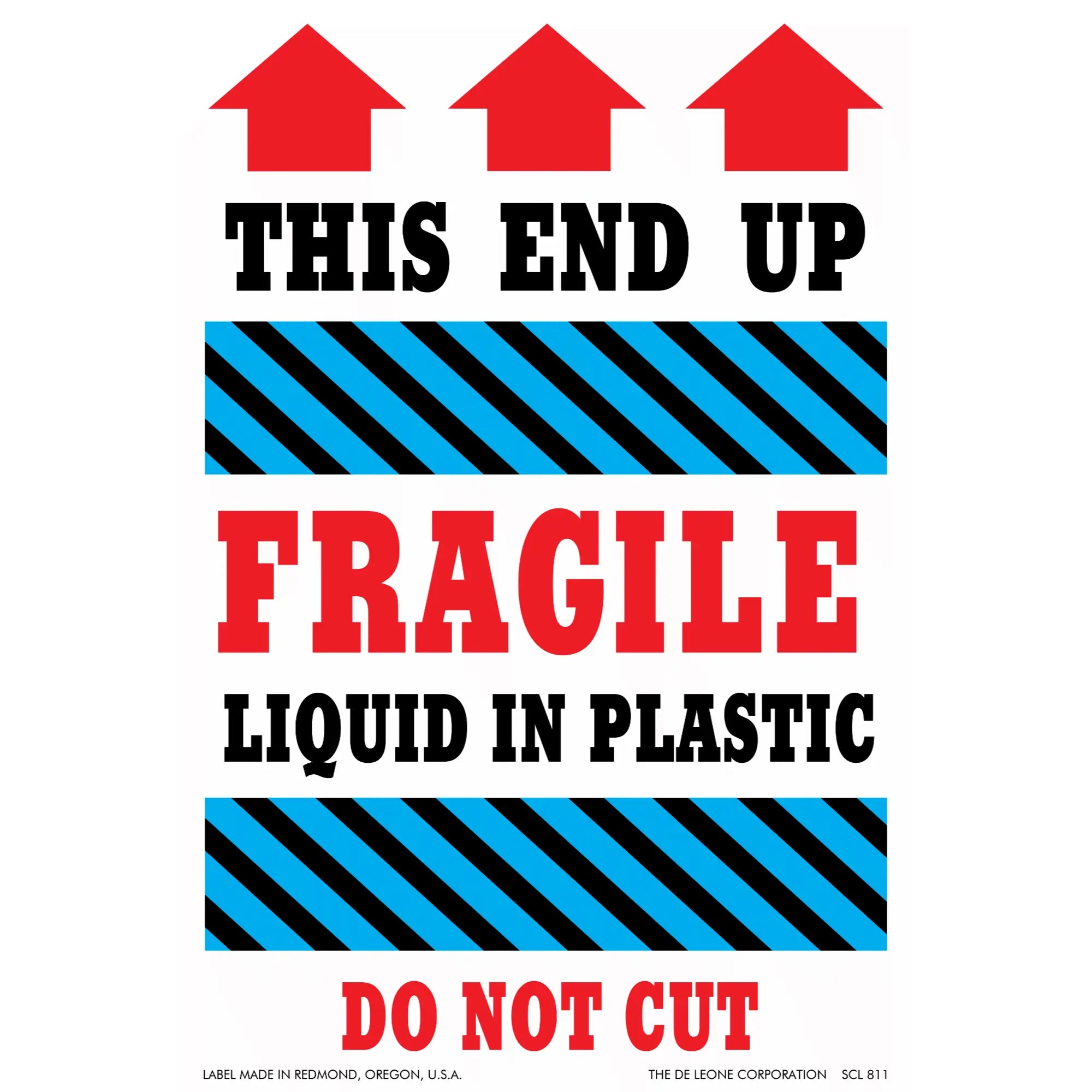 Warning label for fragile liquid contents with red arrows indicating orientation.