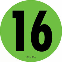 Black number 16 on a green circular background.