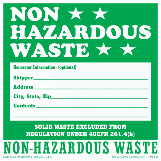 Green non-hazardous waste label with blank fields for generator information and contents.