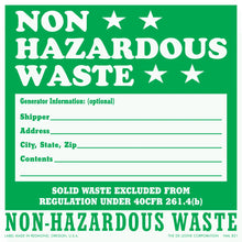 Green non-hazardous waste label with blank fields for shipping information.