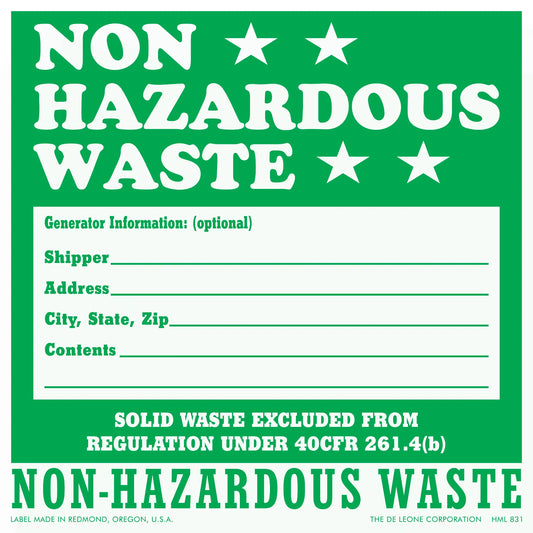 Green non-hazardous waste label with blank fields for shipping information.