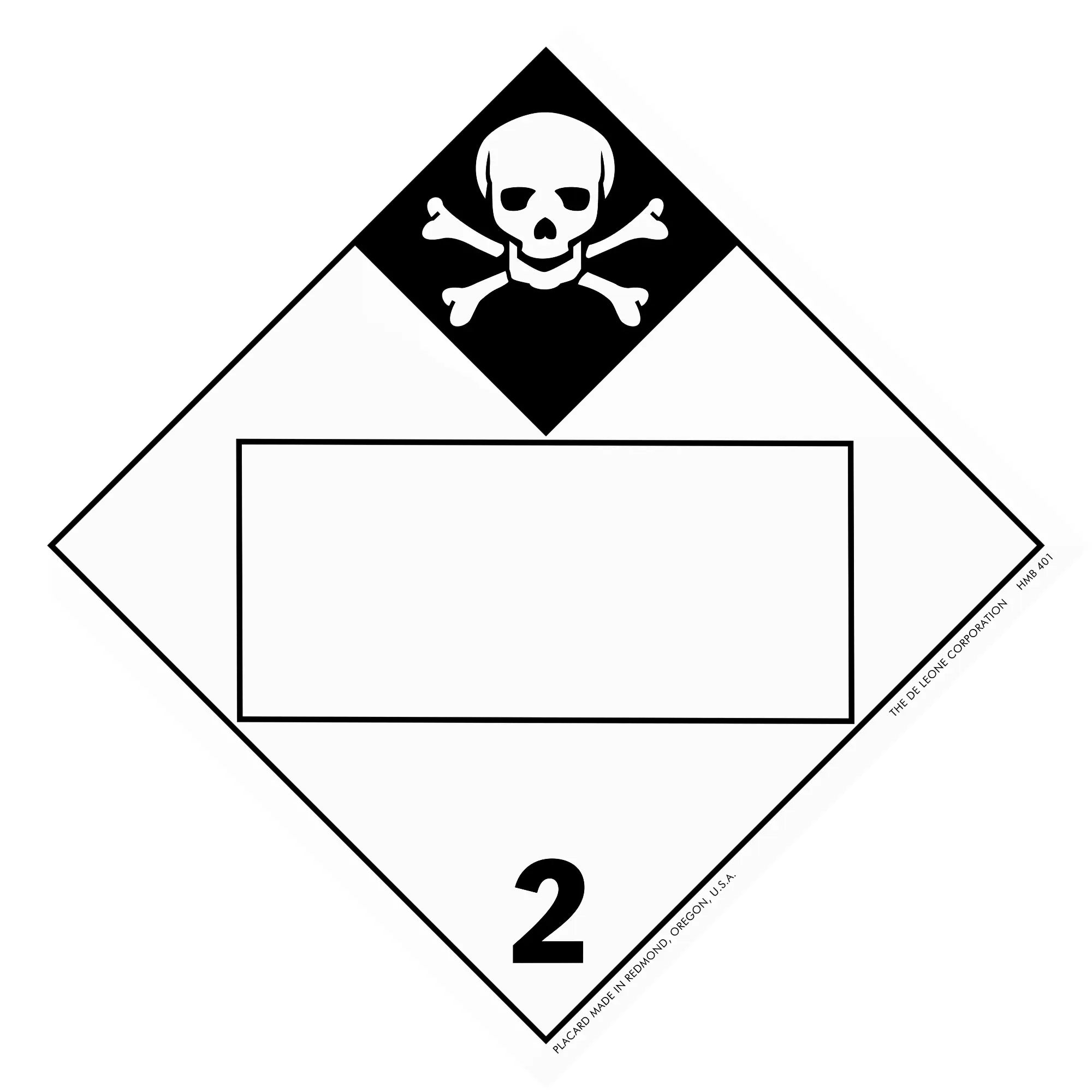 Hazardous materials warning placard with skull and crossbones symbol showing hazard class 2.