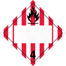 Diamond-shaped hazard placard with red and white stripes, black flame symbol, and number 4.