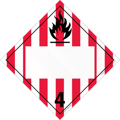 Diamond-shaped hazard placard with red and white stripes, black flame symbol, and number 4.