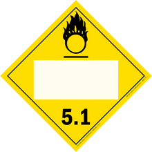 Yellow diamond-shaped hazard placard with oxidizer symbol 5.1 classification.