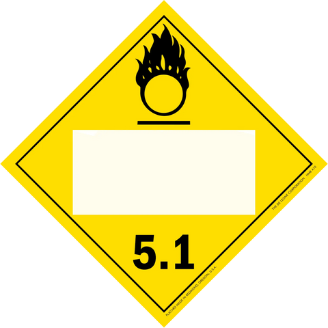 Yellow diamond-shaped hazard placard with oxidizer symbol 5.1 classification.