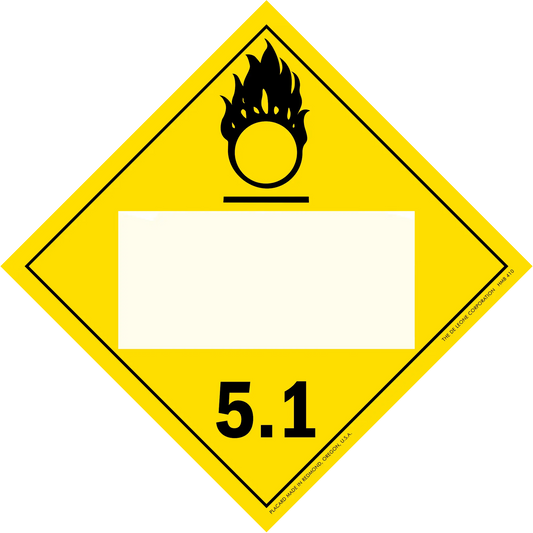 Yellow diamond-shaped hazard placard with oxidizer symbol 5.1 classification.