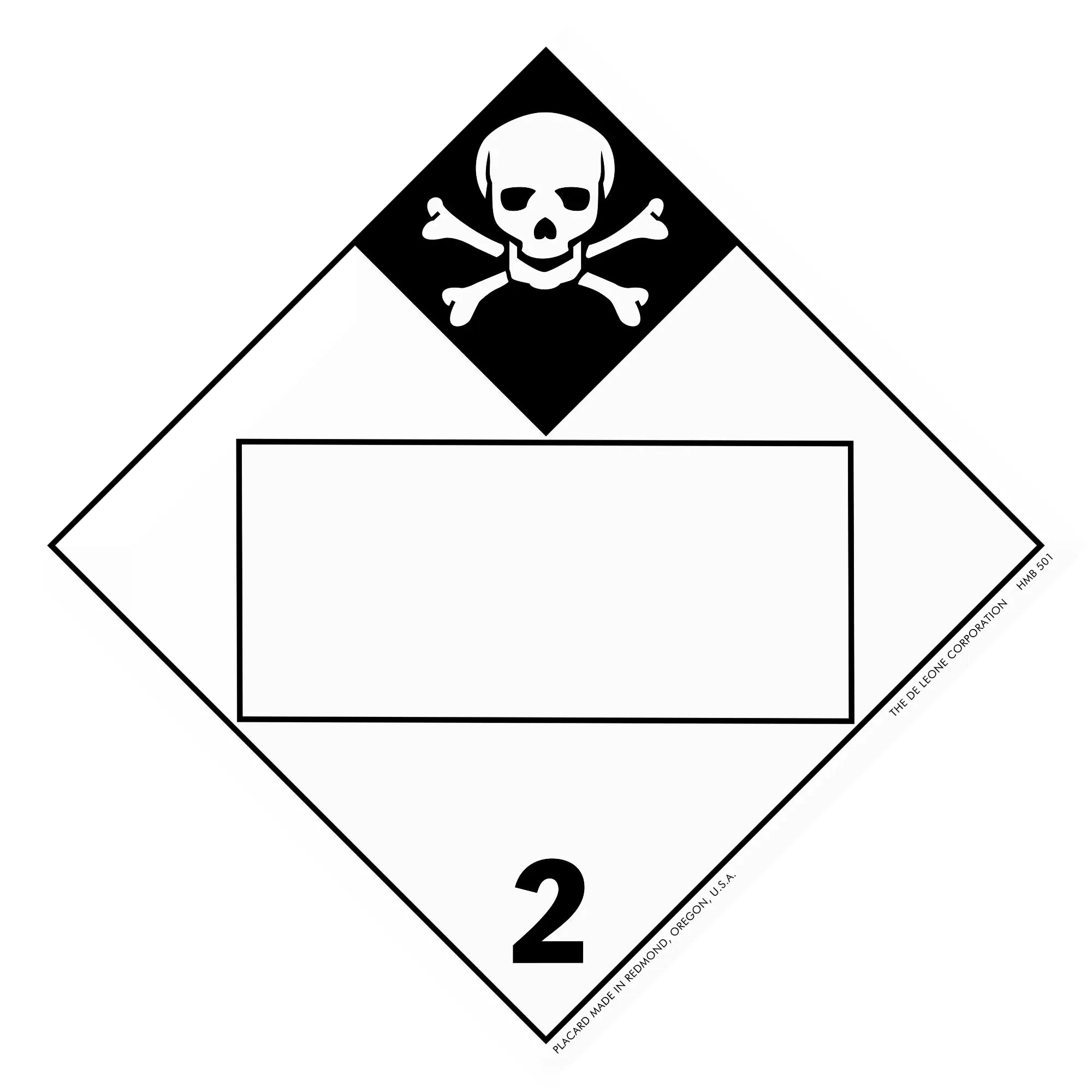 Hazardous materials warning placard with skull and crossbones symbol showing hazard class 2.