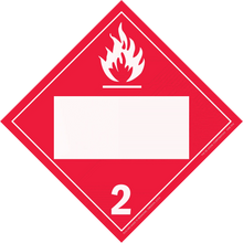 Red diamond-shaped hazard placard with flammable gas symbol (class 2) and blank space for text.