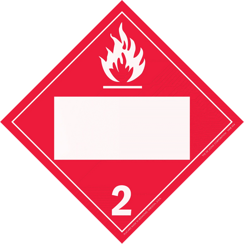 Red diamond-shaped hazard placard with flammable gas symbol (class 2) and blank space for text.