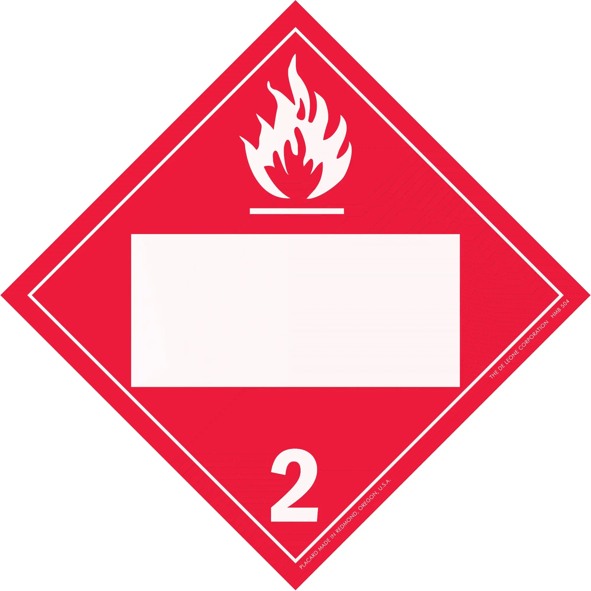 Red diamond-shaped hazard placard with flammable gas symbol (class 2) and blank space for text.